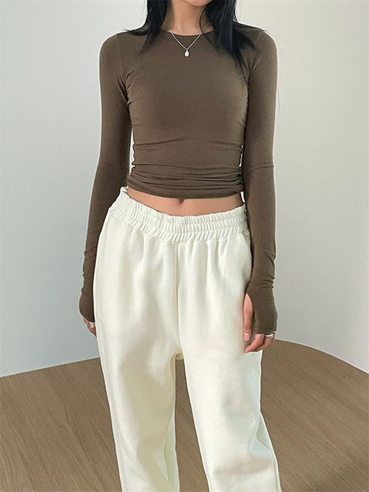 CHRONSTYLE Women Casual Slim Fit Long Sleeve O-Neck T-shirts Tops Spring Fall Solid Color Tees with Thumb Holes Streetwear 2023