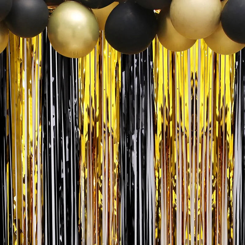 Birthday Party Decorations Backdrop Curtains Glitter Black Gold Tinsel Fringe Foil Curtain Background Wedding Adult Anniversary