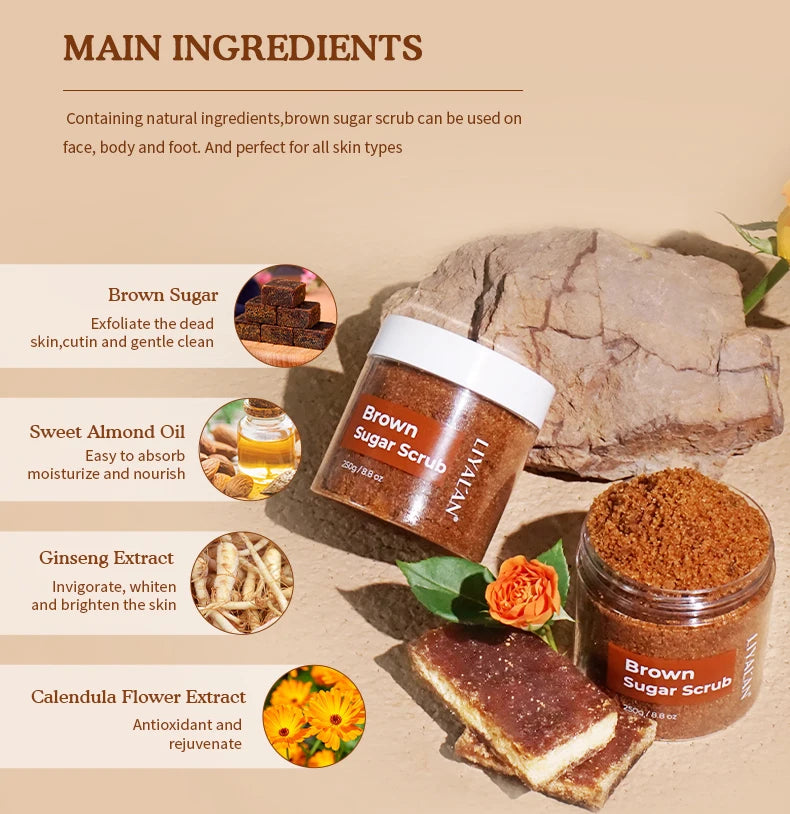 LIYALAN Brown Sugar Body Scrub Smooth Skin Exfoliating Deep Cleaning Softens Cuticles Moisturizing Whitening SPA Organic Sugar