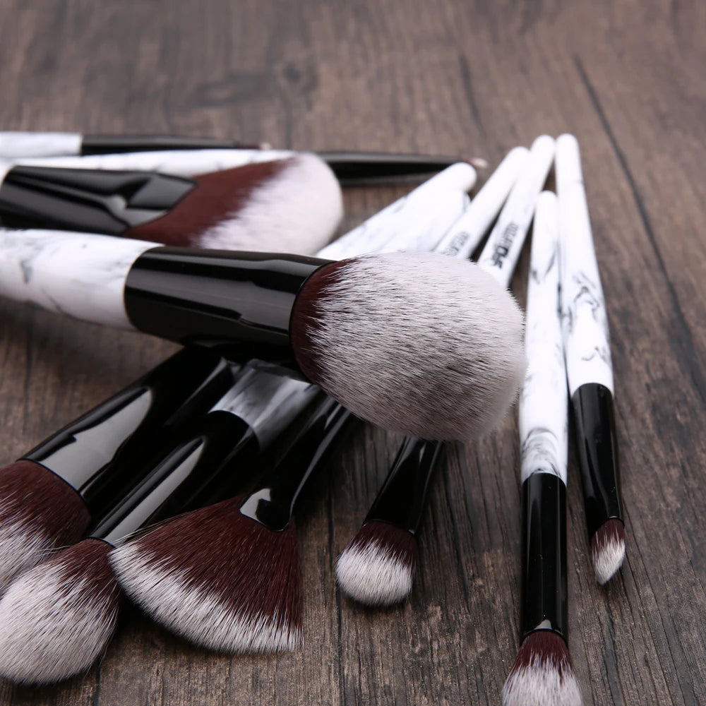 Yaqi 10pcs Synthetic Hair Marble Color Resin Handle Pink PU Case Makeup Brush Set