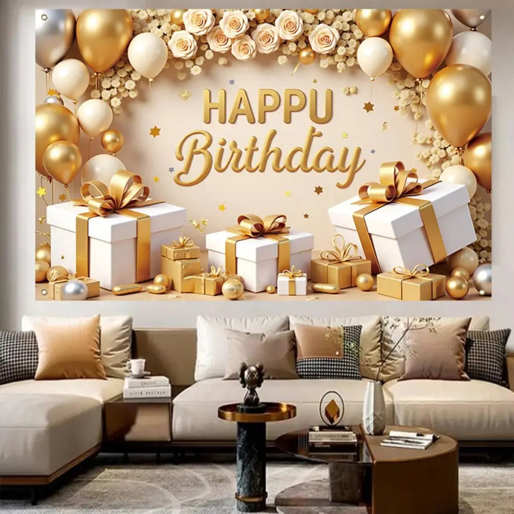 Golden Birthday Party Background Polyester Celebrate Banner Poster Balloon Flower Photography Backdrops Wedding Birthday