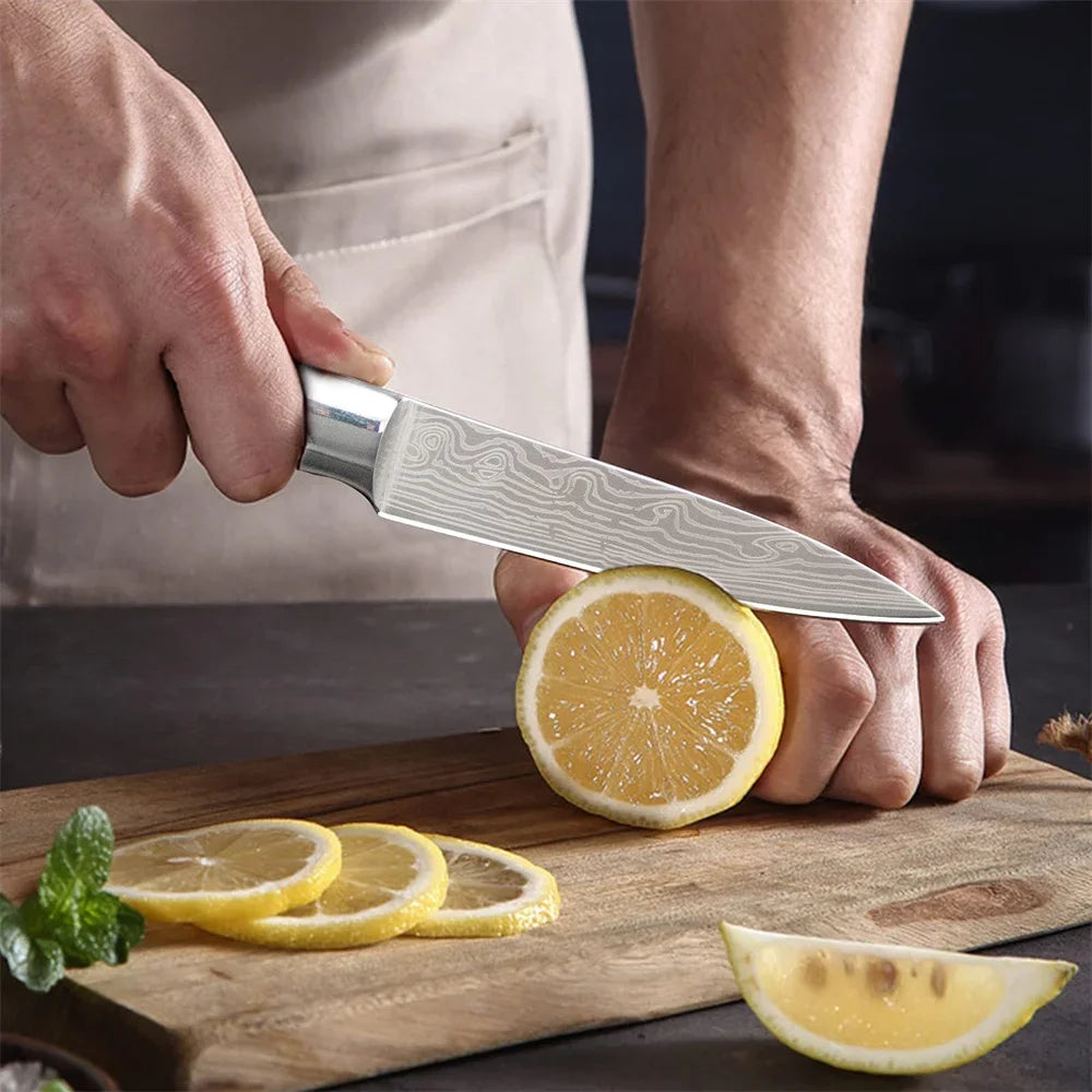 3.5 Inch Kitchen Chef Knife Fruit Knife Stainless Steel Laser Damascus Pattern Colored Wooden Handle Kitchen Knife Kitchen Tools