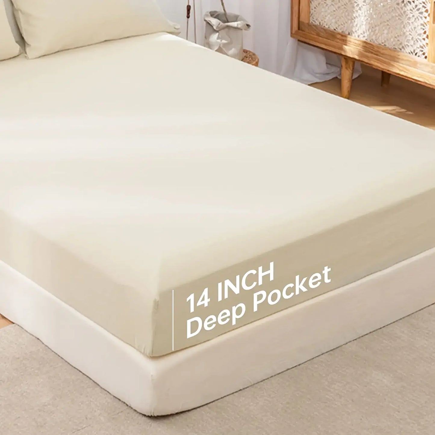 Simple&Opulence Linen Fitted Sheet (1 Piece) - 14 Inch Deep Pocket Mattress Cover Natural Flax Cotton Soft Breathable Bedding