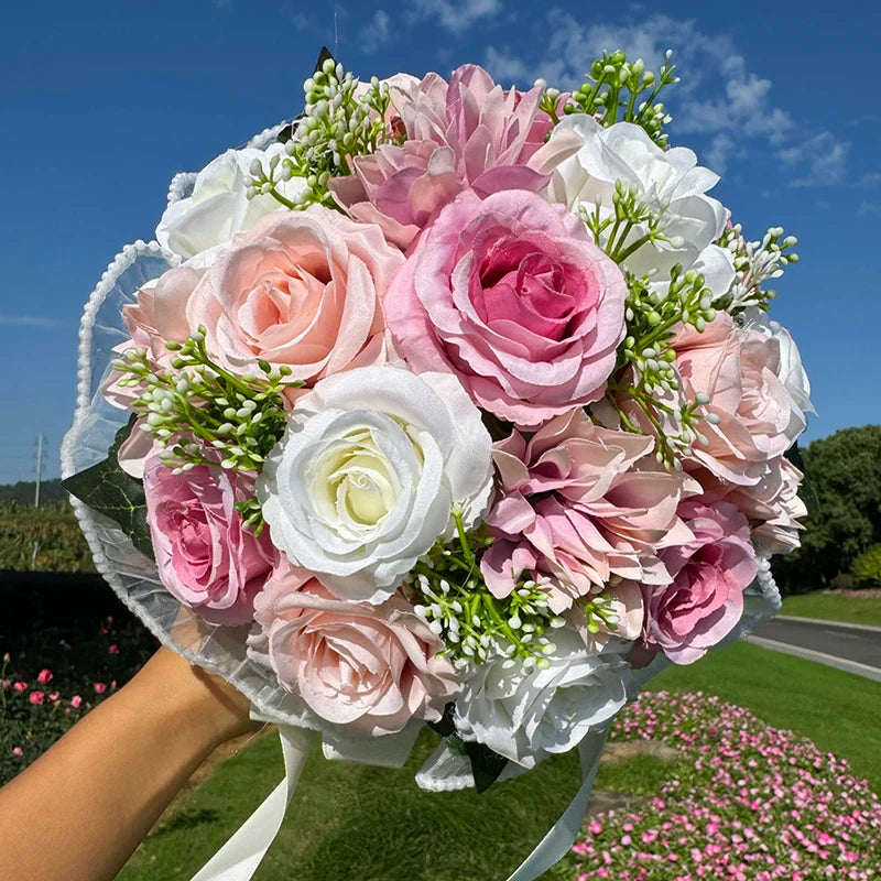 Wedding Bouquets for Bride Babysbreath Rose Bridesmaid Bouquets Silk Ribbon Valentine's Day Decoration Pearl Lace Mesh Ball Gift
