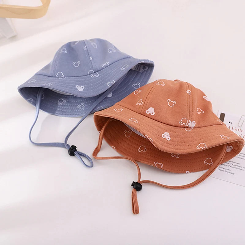 Baby Sunscreen Bucket Hats Cute Cartoon Print Toddler Boy Girl Outdoor UV Protection Fisherman Caps Korean Adjustable Kids Hats