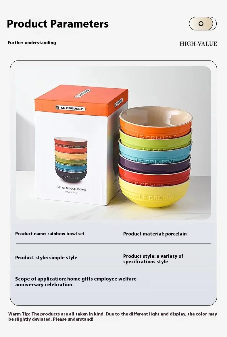New French Cool Rainbow 12cm 15cm 20 Bowl Set Ceramic Stoneware Rice Bowl Kitchen Household Utensils 6-Piece Set High-End Gift