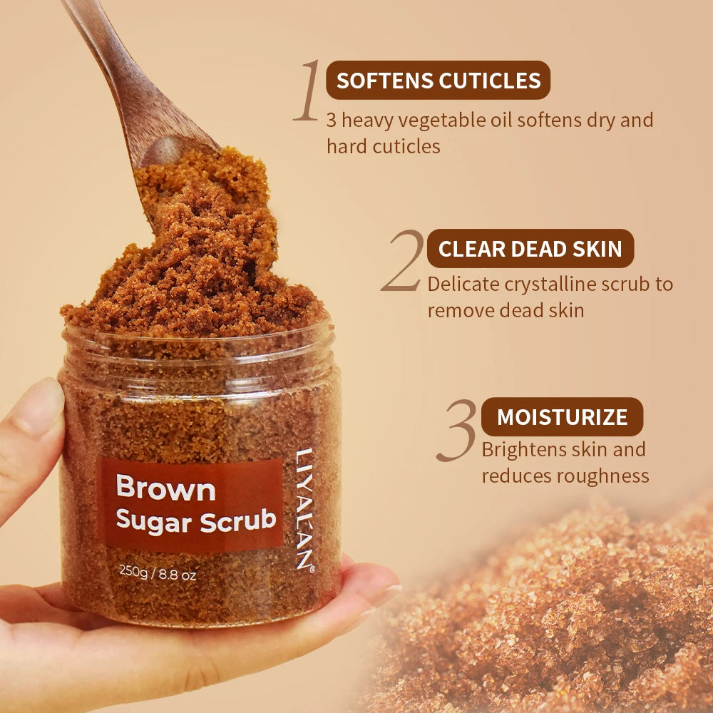 LIYALAN Brown Sugar Body Scrub Smooth Skin Exfoliating Deep Cleaning Softens Cuticles Moisturizing Whitening SPA Organic Sugar