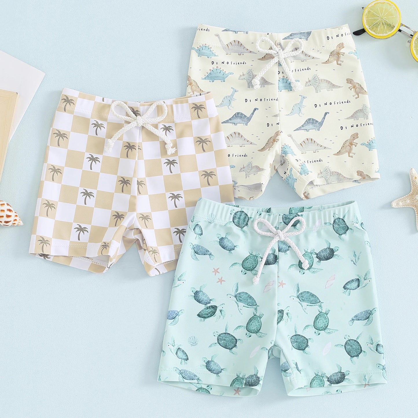 Summer Toddler Boys Swim Trunks Bathing Suit Dinosaur/Plaid/Turtle Print Elastic Drawstring Board Shorts Swimwear Beach Shorts