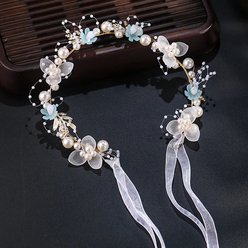 Light Up White Wedding Headbands LED Pearl Flower Princess Headpiece Leaves Hairband Bridal Wedding for Women Girl