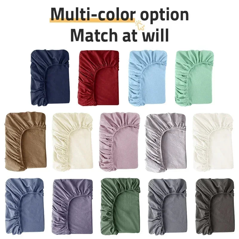 Cotton Fitted Sheet Soild Color with Elastic Band Non Slip Adjustable Mattress Cover for Double King Queen Bed 90/120/150/180M