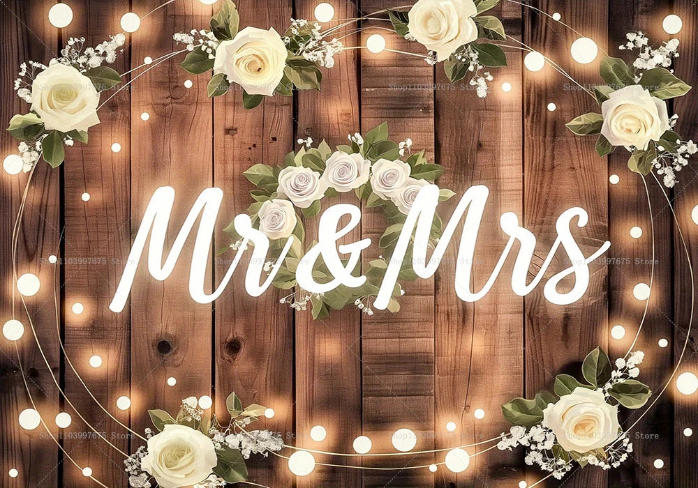 Mr & Mrs Rustic Wooden Backdrop Wedding Bridal Shower Bachelorette Party Decirations Photography Background Photo Booth Props