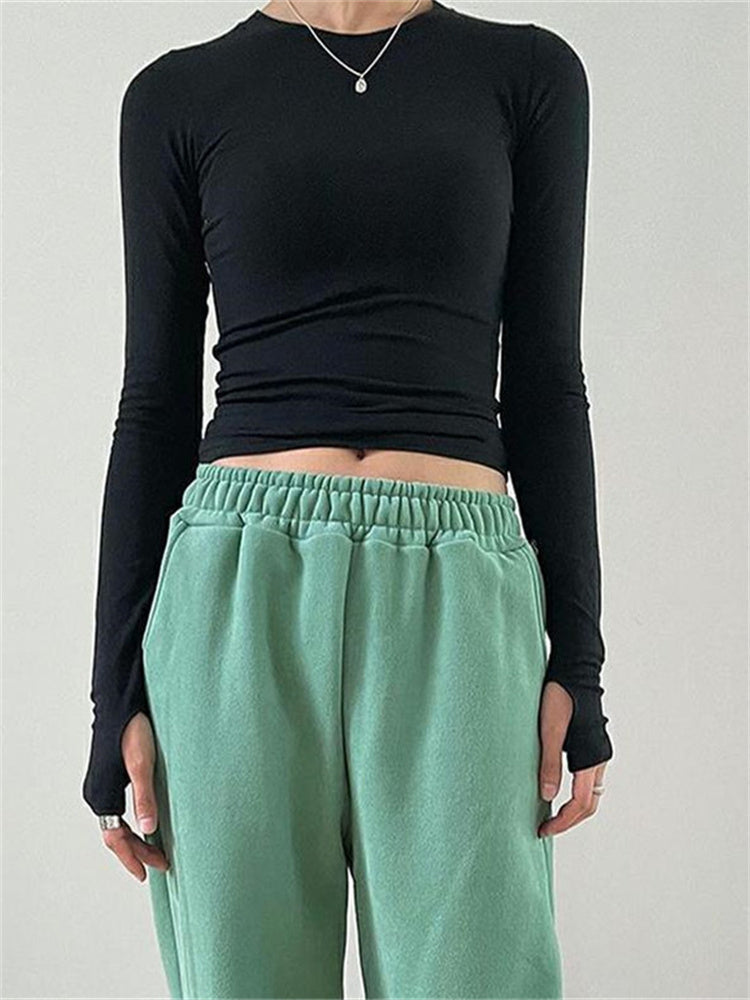 CHRONSTYLE Women Casual Slim Fit Long Sleeve O-Neck T-shirts Tops Spring Fall Solid Color Tees with Thumb Holes Streetwear 2023