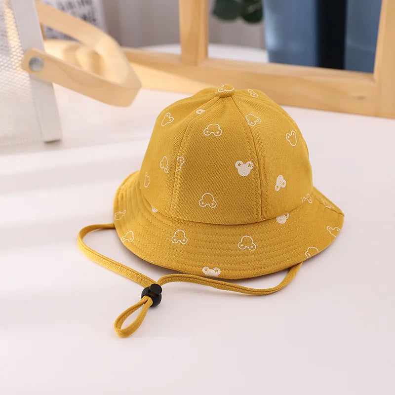 Baby Sunscreen Bucket Hats Cute Cartoon Print Toddler Boy Girl Outdoor UV Protection Fisherman Caps Korean Adjustable Kids Hats