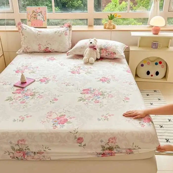 100% Cotton Floral Fitted Sheet Set - Includes Pillowcase, Single/Queen/King Size Mattress Covers(Breathable)