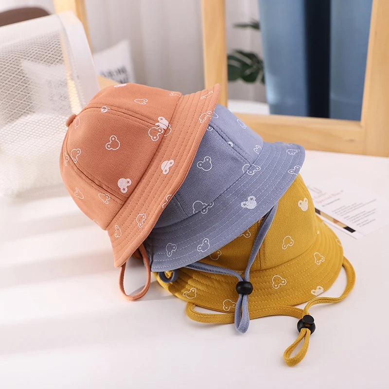 Baby Sunscreen Bucket Hats Cute Cartoon Print Toddler Boy Girl Outdoor UV Protection Fisherman Caps Korean Adjustable Kids Hats