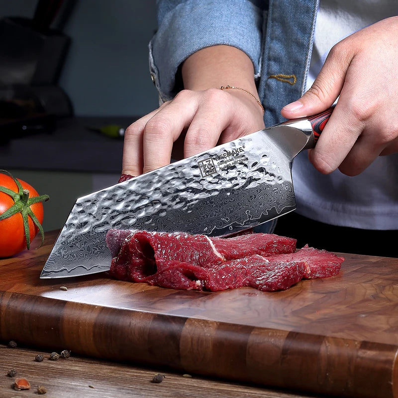 KEEMAKE 7" Inch Nakiri Chef's Knife Damascus Steel Japanese Cleaver Knife Kitchen Ultra Sharp Vegetable Fruit Meat Cutting Knife