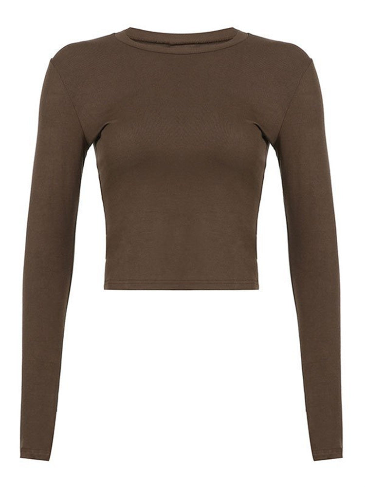 CHRONSTYLE Women Casual Slim Fit Long Sleeve O-Neck T-shirts Tops Spring Fall Solid Color Tees with Thumb Holes Streetwear 2023