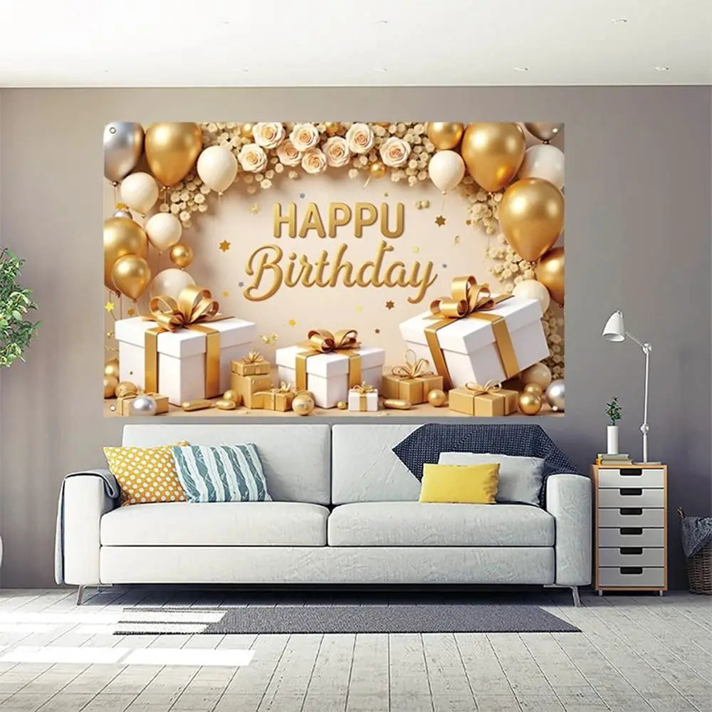 Golden Birthday Party Background Polyester Celebrate Banner Poster Balloon Flower Photography Backdrops Wedding Birthday