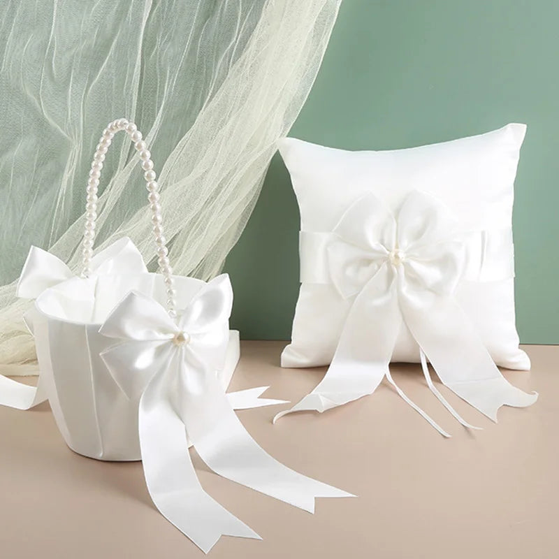 New Wedding Ivory Flower Baskets Ribbon Pearls Bow Knot Ring Pillow Cushion Bearer Bridal Party Supplies Gifts Home Decorations