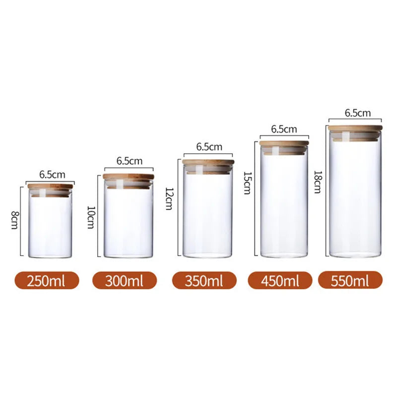 Glass Jar with Bamboo Lid, Kitchen Sealed Storage Bottles, Tea Coffee Bean Container, Spice Organizer, 250 ml, 300 ml, 350 ml