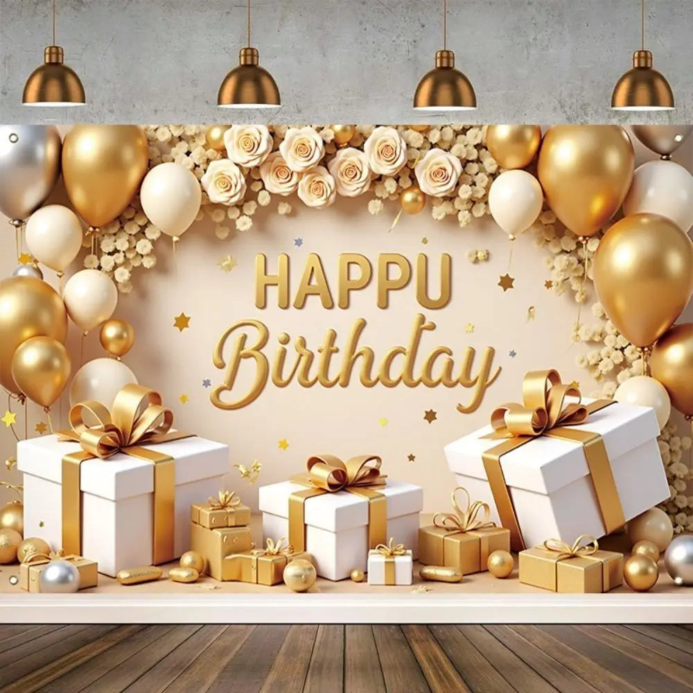 Golden Birthday Party Background Polyester Celebrate Banner Poster Balloon Flower Photography Backdrops Wedding Birthday