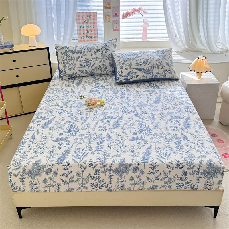 1pc Floral Fitted Bed Sheet Flower Printed Washed Cotton Bed Sheet with Elastic Single/Queen/King Size Bed Fitted Sheets