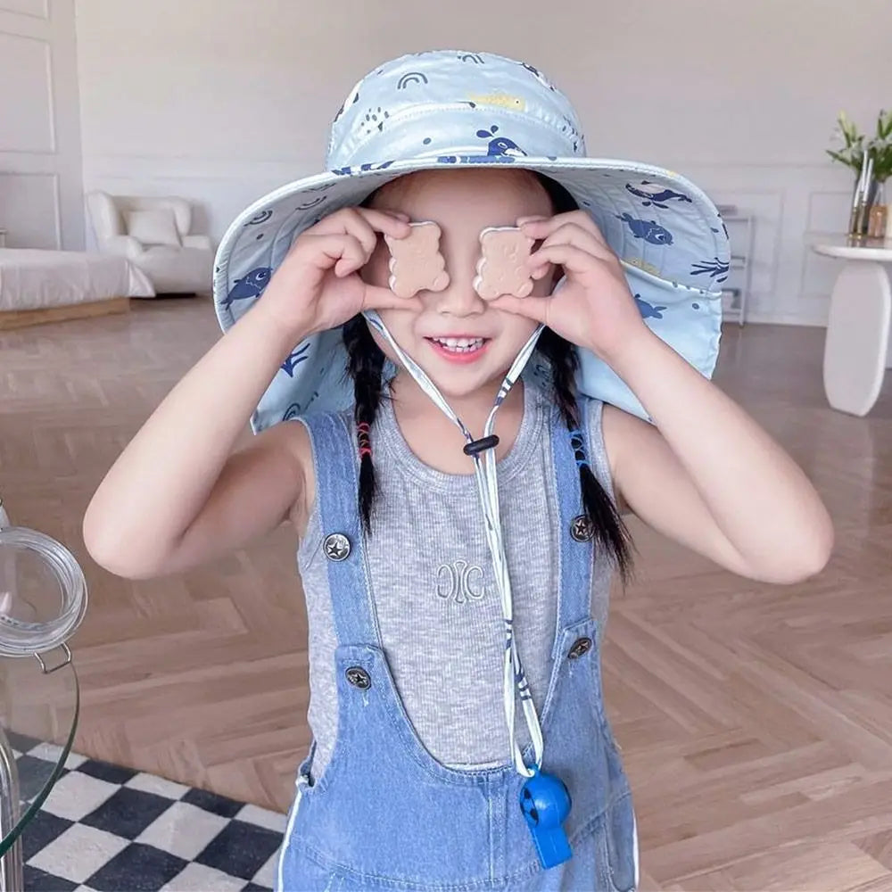 Anti UV Kids Summer Baby Sun Hat Bucket Cap With Whistle For Girls Boys Outdoor Neck Ear Cover Beach Cap