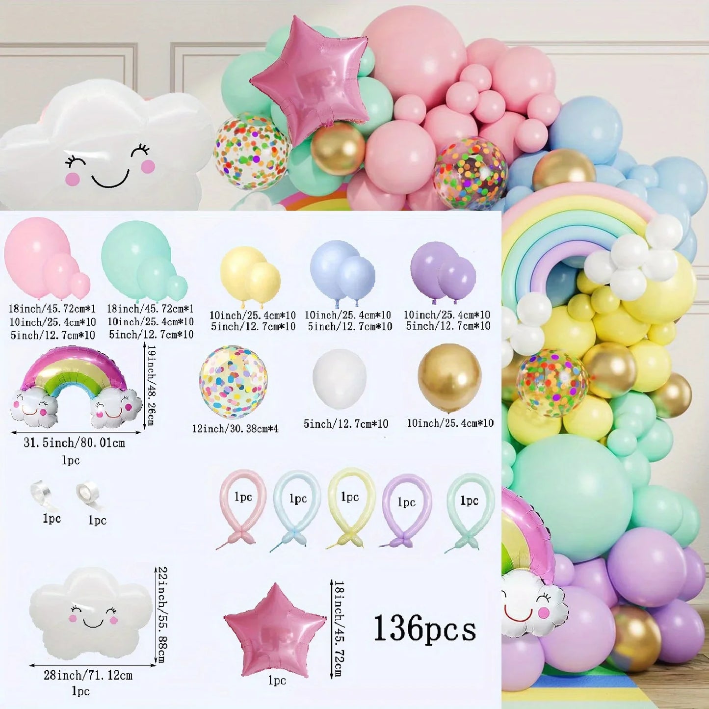 136pcs Macaron Colored White Cloud Balloon Arch Set for Birthdays, Baptisms and General Celebrations Without Electricity