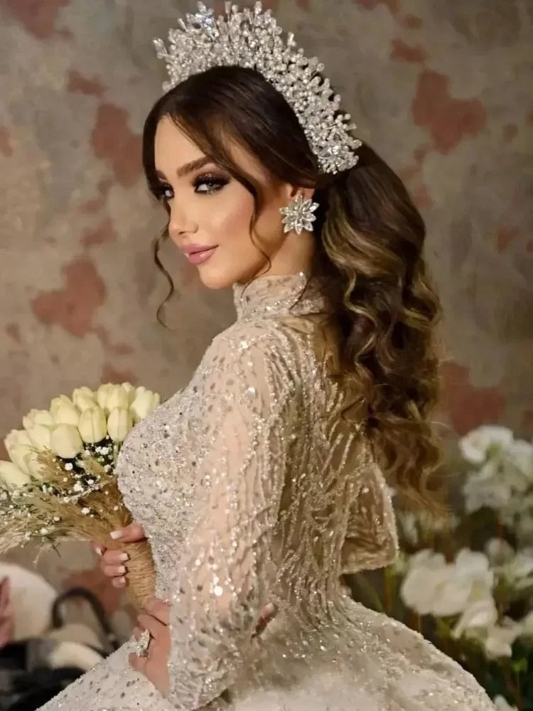 Flavinke Customized Princess Wedding Dresses Dubai Arabic Long Sequined Sleeves High Neck Bridal Gowns Tulle Vestido De Novia