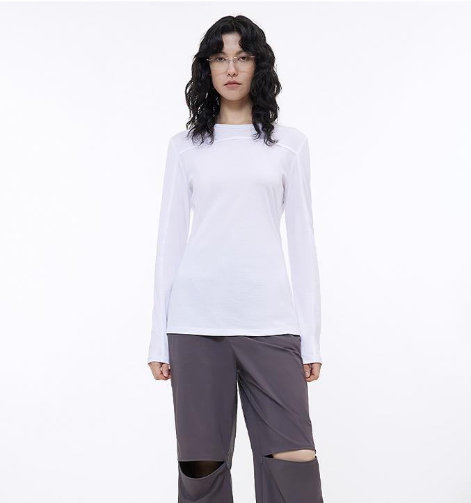 Round neck deconstructed long sleeve T-shirt for women Slim fit and versatile top-5