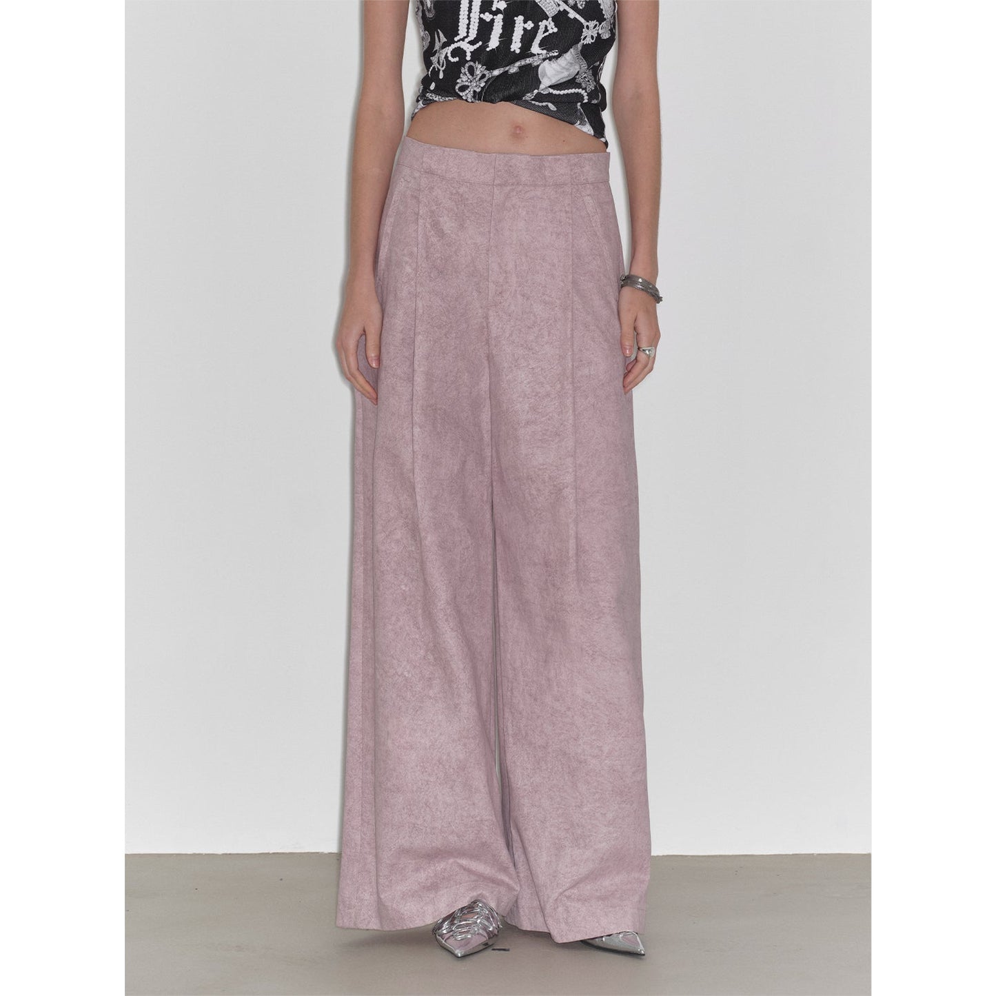 "Light and Shadow Walking" Retro Fashionable Dirty Printed Reverse-Fold Mid-Low-Waist Double-pleat Straight-leg Wide-Leg Casual Pants-4