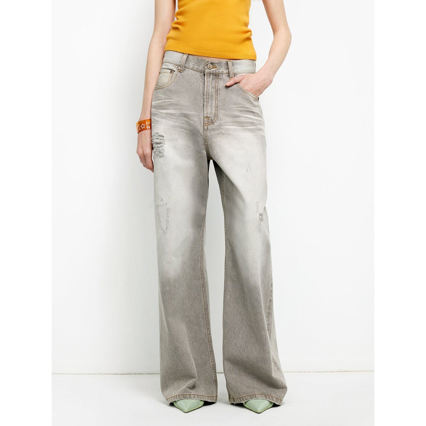 "Adolescent" Retro Street Style Heavy-Wash Low-Waist Straight-Leg Wide-Leg Versatile Light-Wash Jeans-5