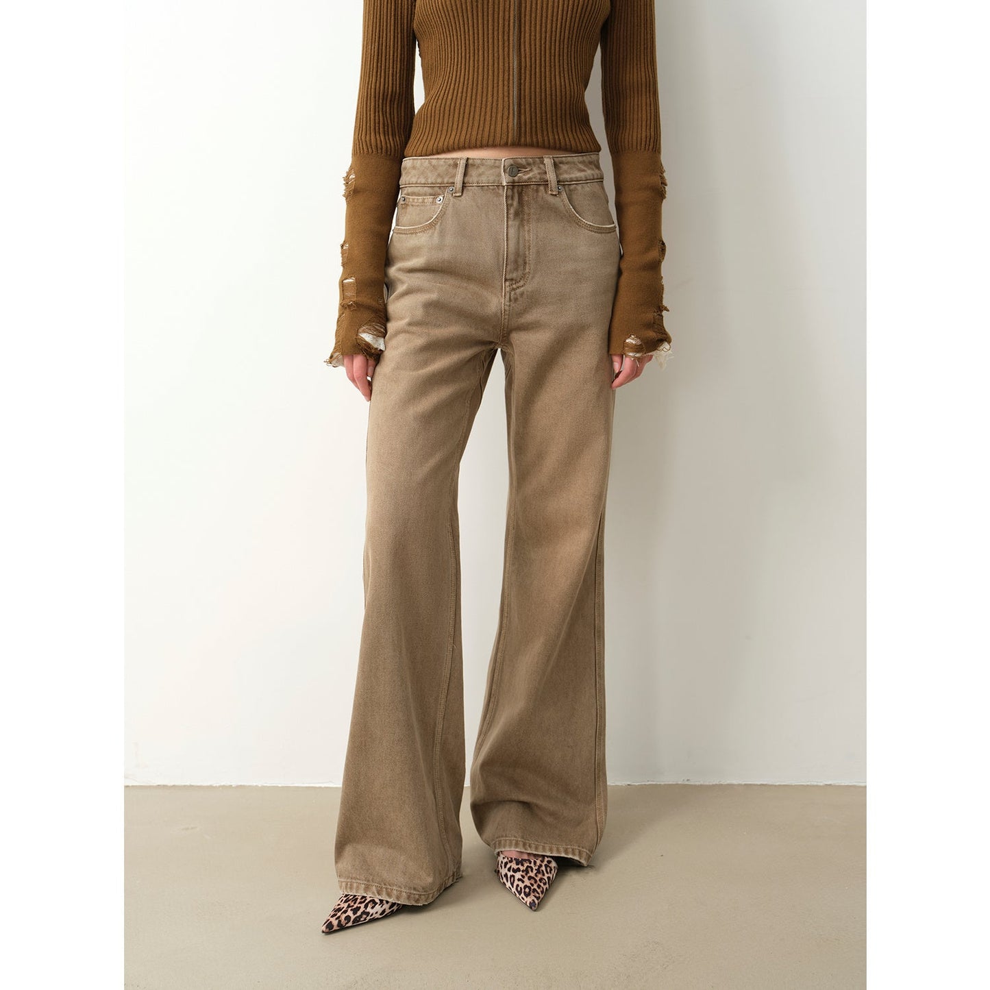 "Pure Flared" Japanese imported fabric Vintage retro washed loose flared jeans for women-4