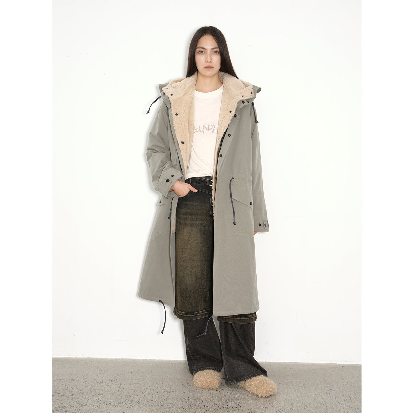 "Winter Institute" windproof and warm drop shoulder large version long hooded detachable liner parka-5