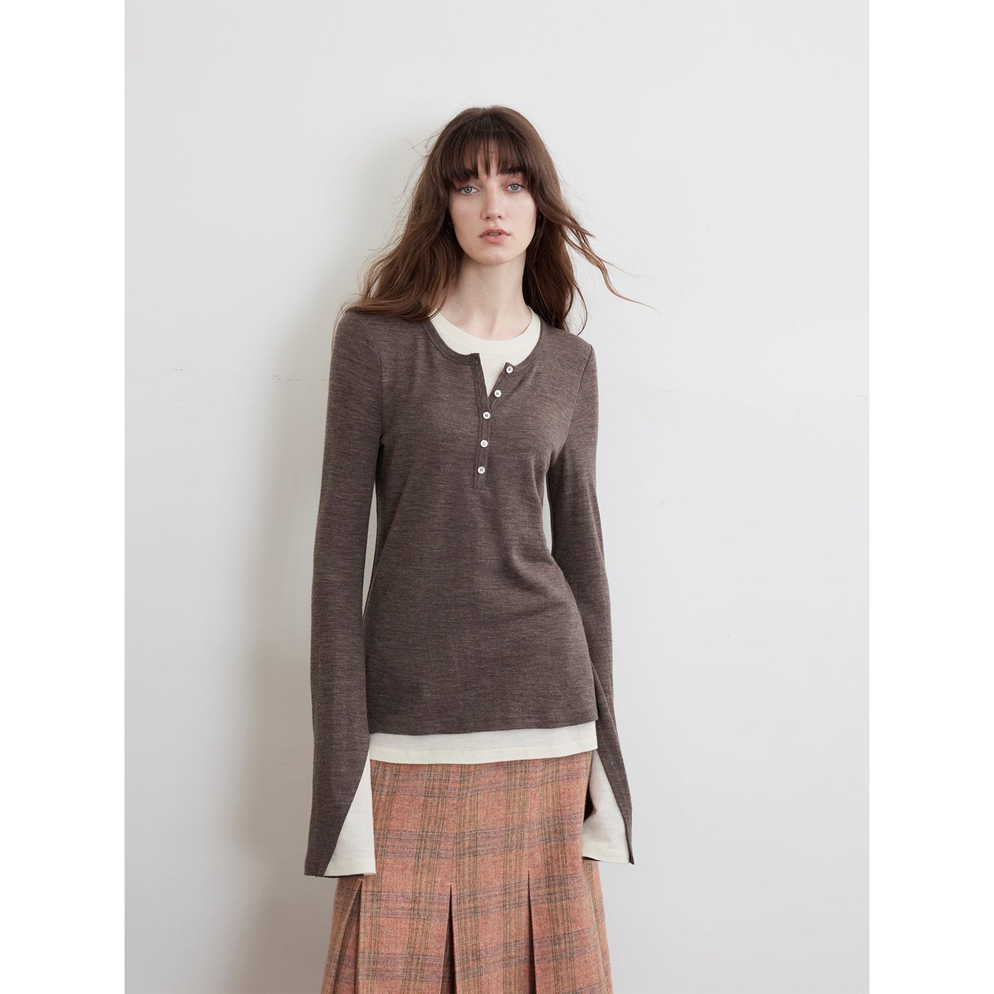 "Letter from Munich" elastic skin-friendly all-wool sweater women's long-sleeved slimming fake two-piece crop top-6