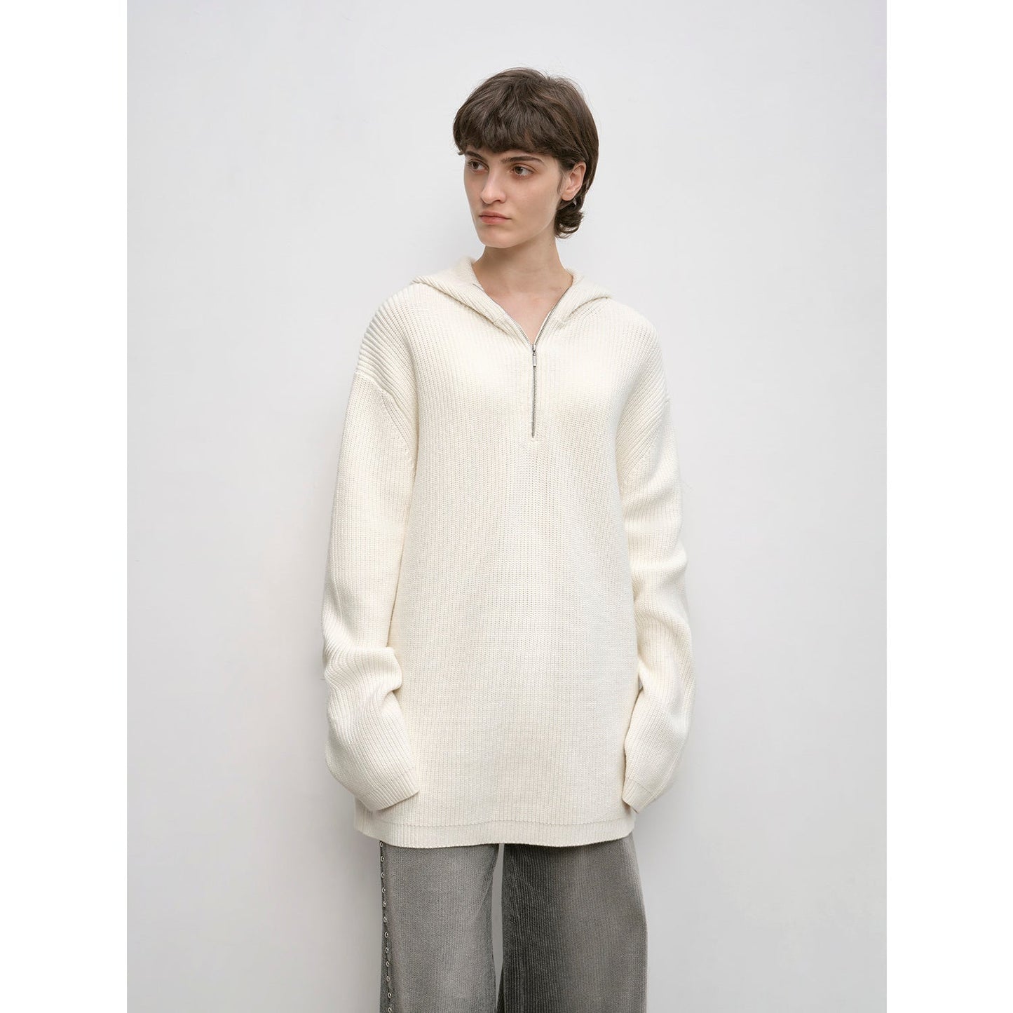 "Autumn Ticket" Simple and versatile Zhongding 30s wool blend hoodie zipper round neck sweater-1
