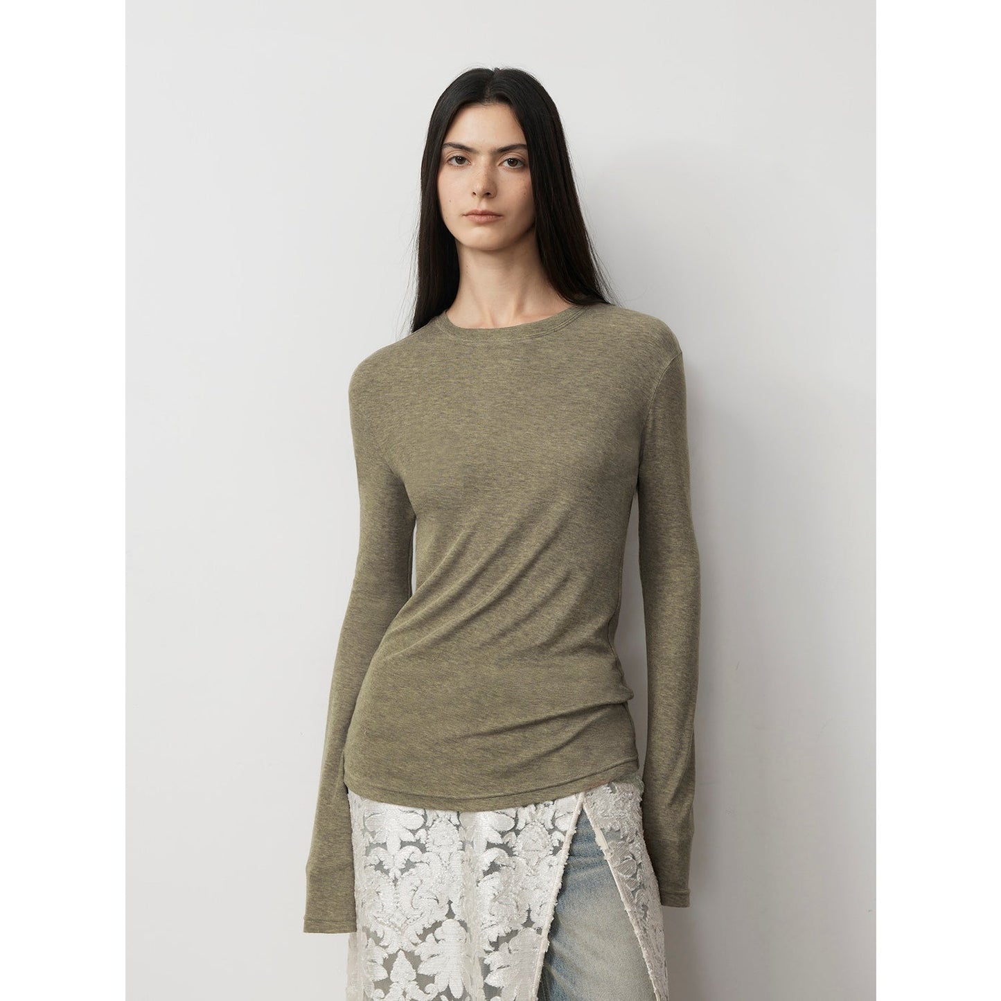 Lyocell wool stretch comfortable breathable fit minimalist solid color long-sleeved T-shirt-6