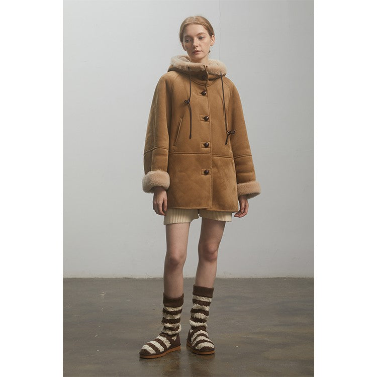 "Danish Winter" Shearling Wool Contrasting Artificial Compositesuede Coat Hooded Short Style-5