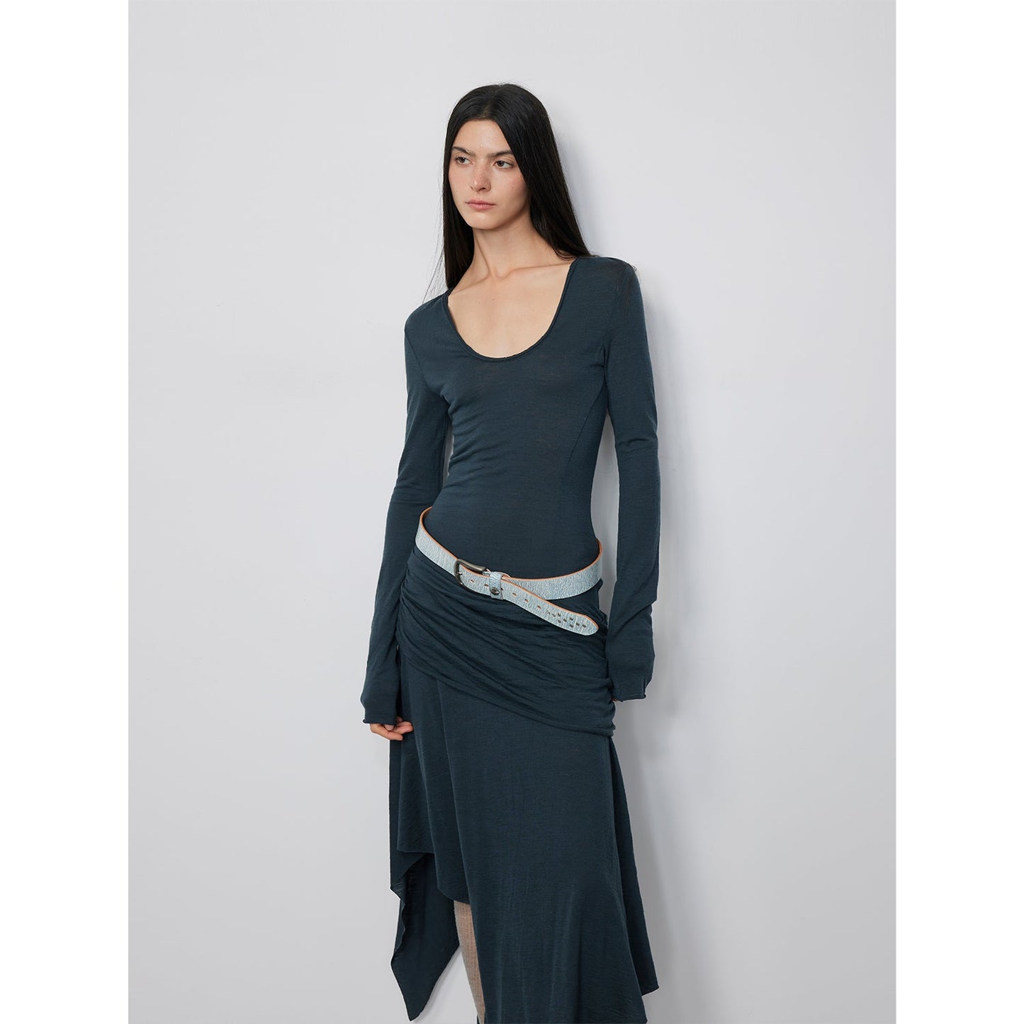 "Dreamy Ball" Lightweight and Breathable 100% Wool / U-neck Irregular Hem Long Dress for Women-6