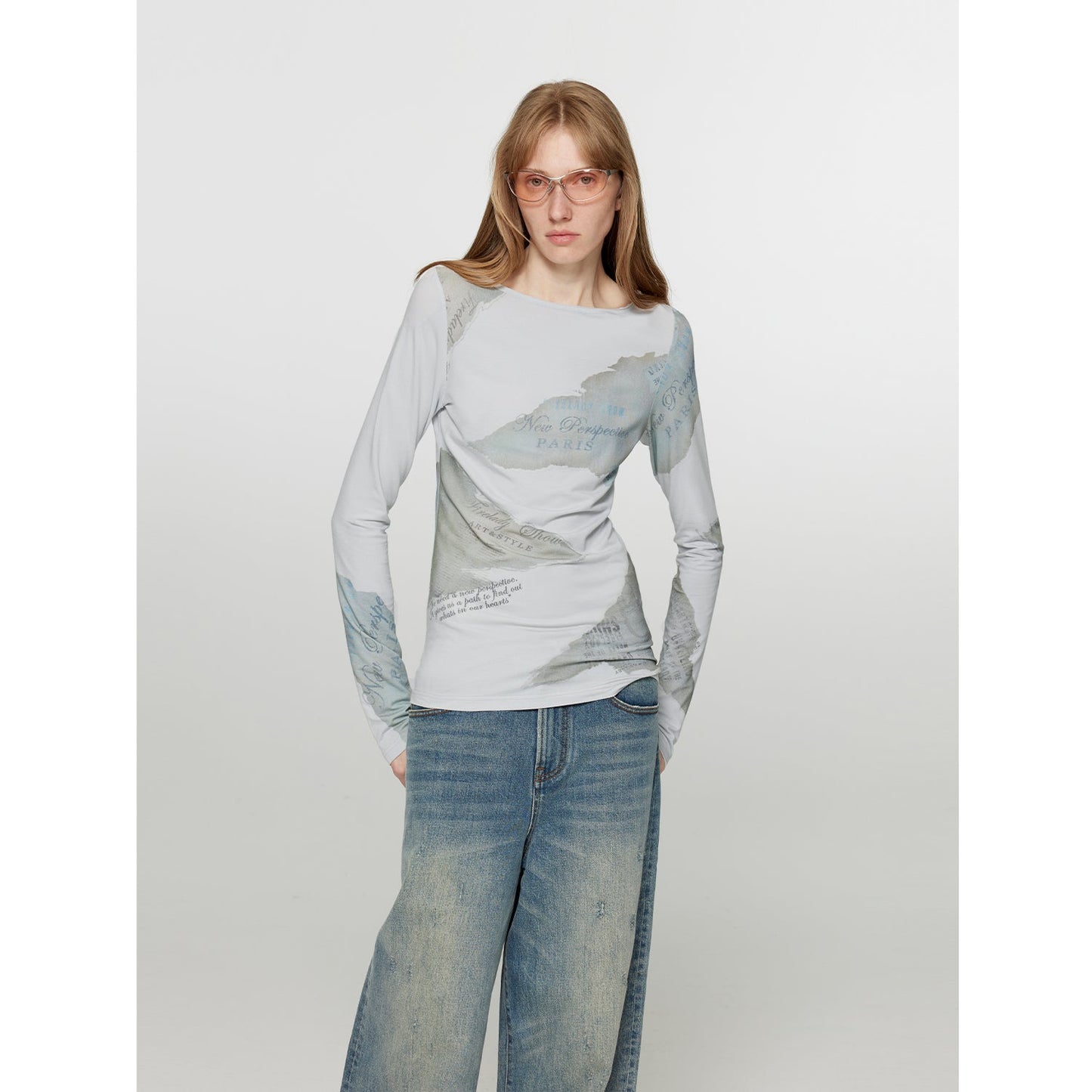 Silk Cotton Blended/Original Printed One-line Collar Long Sleeve T-Shirt Women's Fitted Top "Letter from Morning and Evening" Spring-5