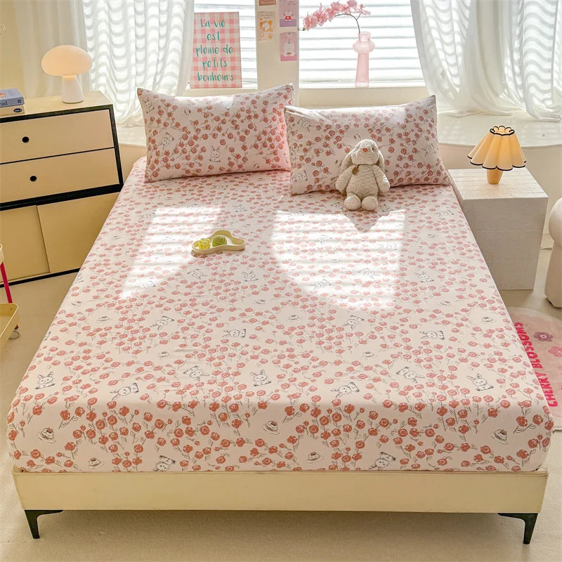 1pc Floral Fitted Bed Sheet Flower Printed Washed Cotton Bed Sheet with Elastic Single/Queen/King Size Bed Fitted Sheets