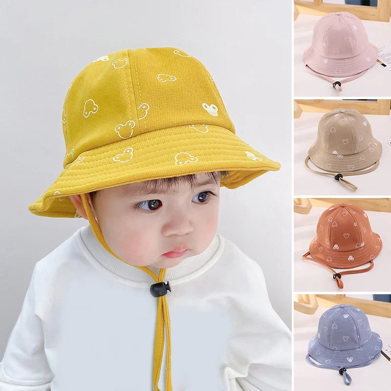 Baby Sunscreen Bucket Hats Cute Cartoon Print Toddler Boy Girl Outdoor UV Protection Fisherman Caps Korean Adjustable Kids Hats
