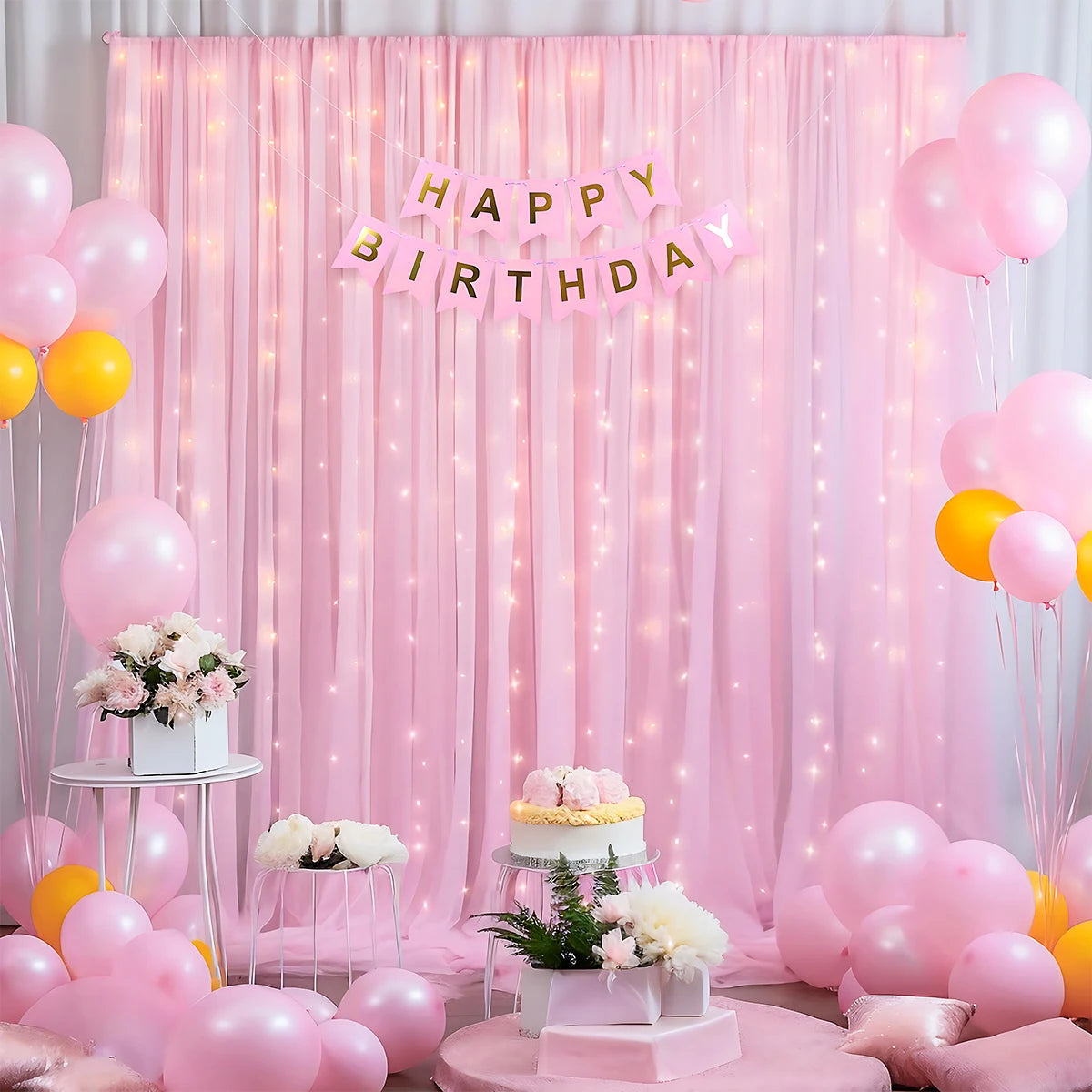 1 Set/2 Pieces Tulle Backdrop Curtains with Lights for Party Wedding Arch Baby Shower Birthday Party Photo Shoot Decorations