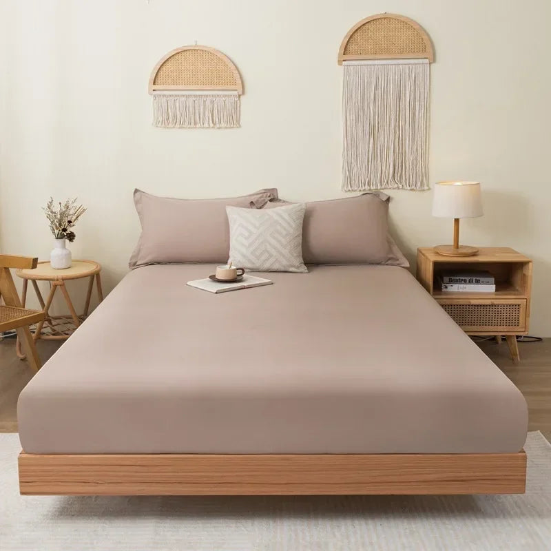 Cotton Fitted Sheet Soild Color with Elastic Band Non Slip Adjustable Mattress Cover for Double King Queen Bed 90/120/150/180M