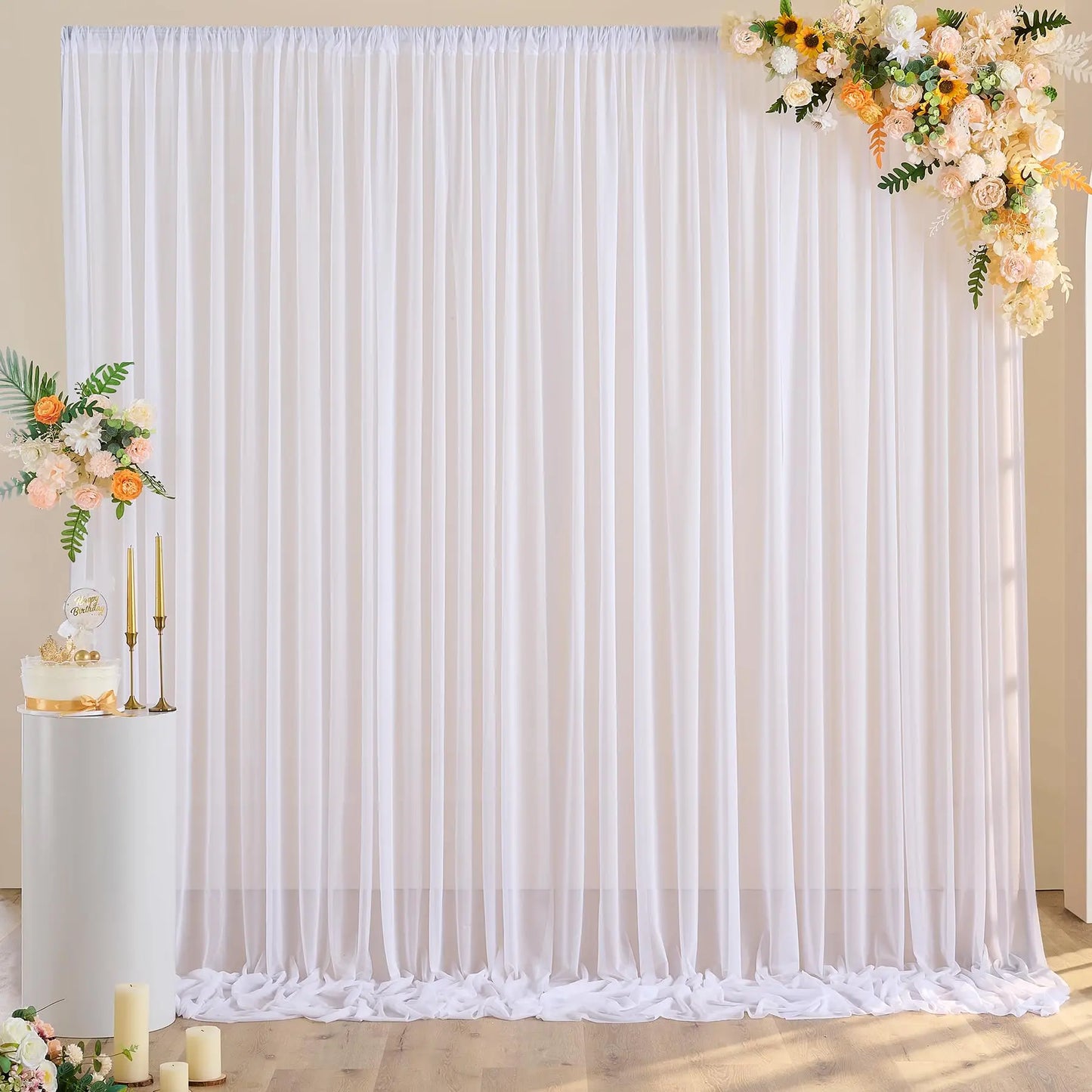 White Chiffon Backdrop Curtain for Wedding Party Sheer Drapes Curtains for Parties Baptism Birthday Baby Shower Photoshoot
