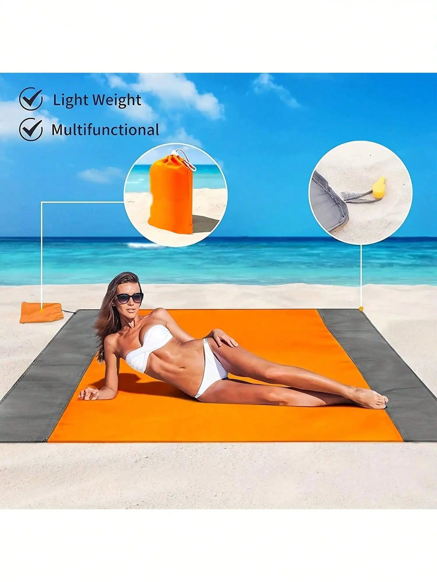 Waterproof Sandproof Beach Blanket, Foldable Beach Mat With 4 Corner Stakes, For Outdoor Camping Travel Vacation Hiking