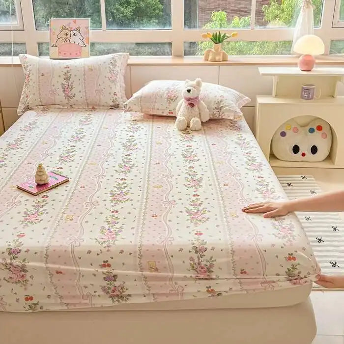 100% Cotton Floral Fitted Sheet Set - Includes Pillowcase, Single/Queen/King Size Mattress Covers(Breathable)