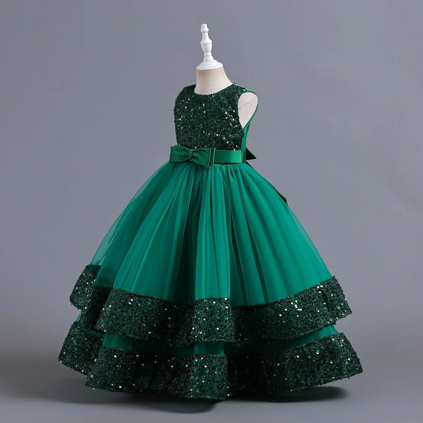 Children's Sequins Bowknot Princess Dress Girls' Fashion Pearl Cake Long Dress Christmas Banquet Host Show Dress