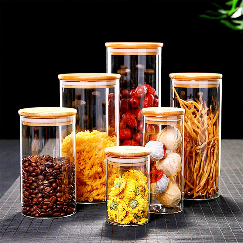 Glass Jar with Bamboo Lid, Kitchen Sealed Storage Bottles, Tea Coffee Bean Container, Spice Organizer, 250 ml, 300 ml, 350 ml