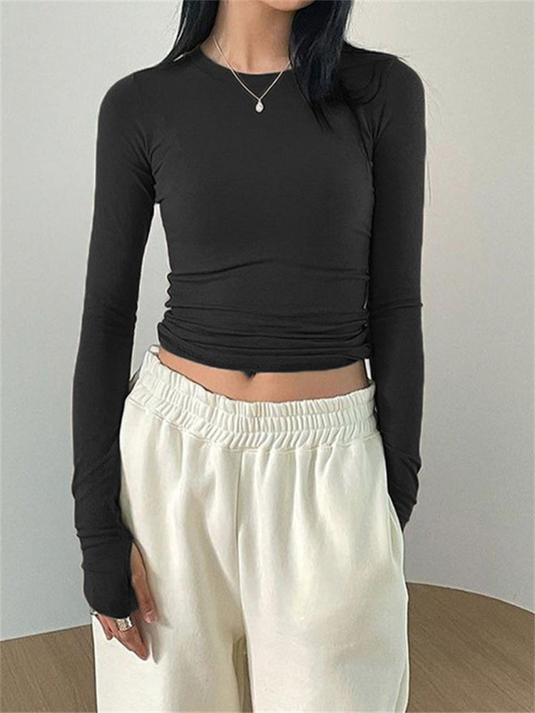 CHRONSTYLE Women Casual Slim Fit Long Sleeve O-Neck T-shirts Tops Spring Fall Solid Color Tees with Thumb Holes Streetwear 2023